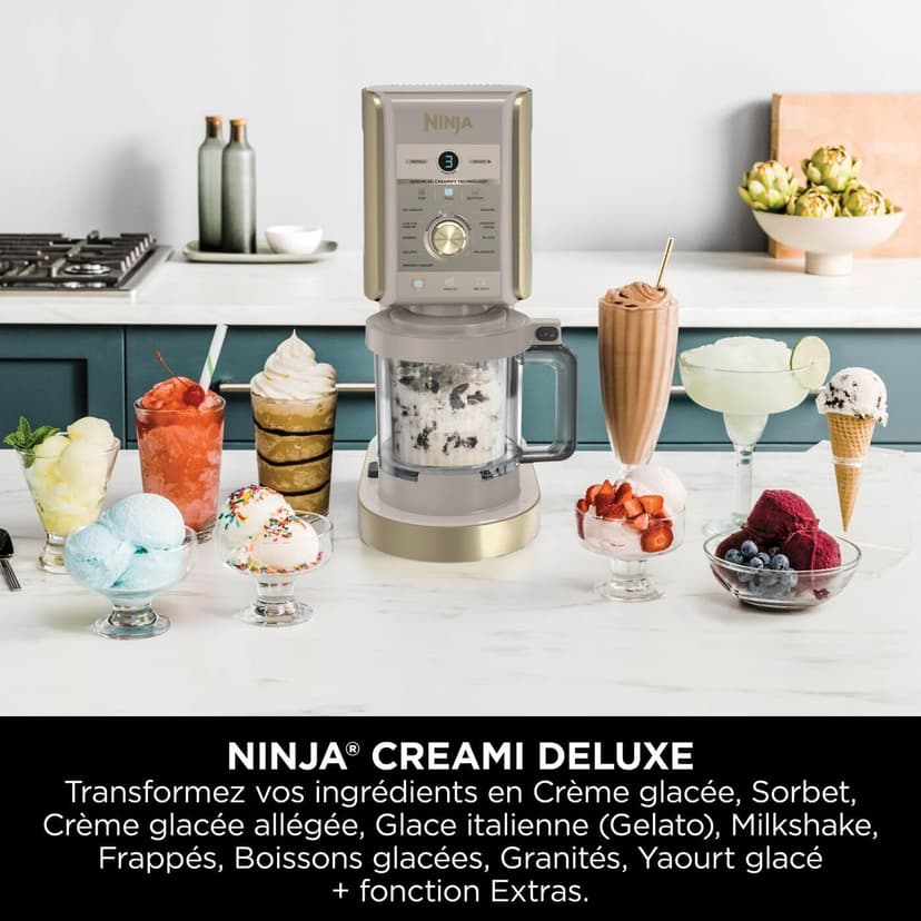 Ninja CREAMi Deluxe Machine a glace et sorbetière, 2 bacs, 10 fonctions, crème glacée, yaourts glacés, des milkshakes, des slush, Pièces amovibles lavables au lave-vaisselle, Stone/Or NC502EUSTGD - 4