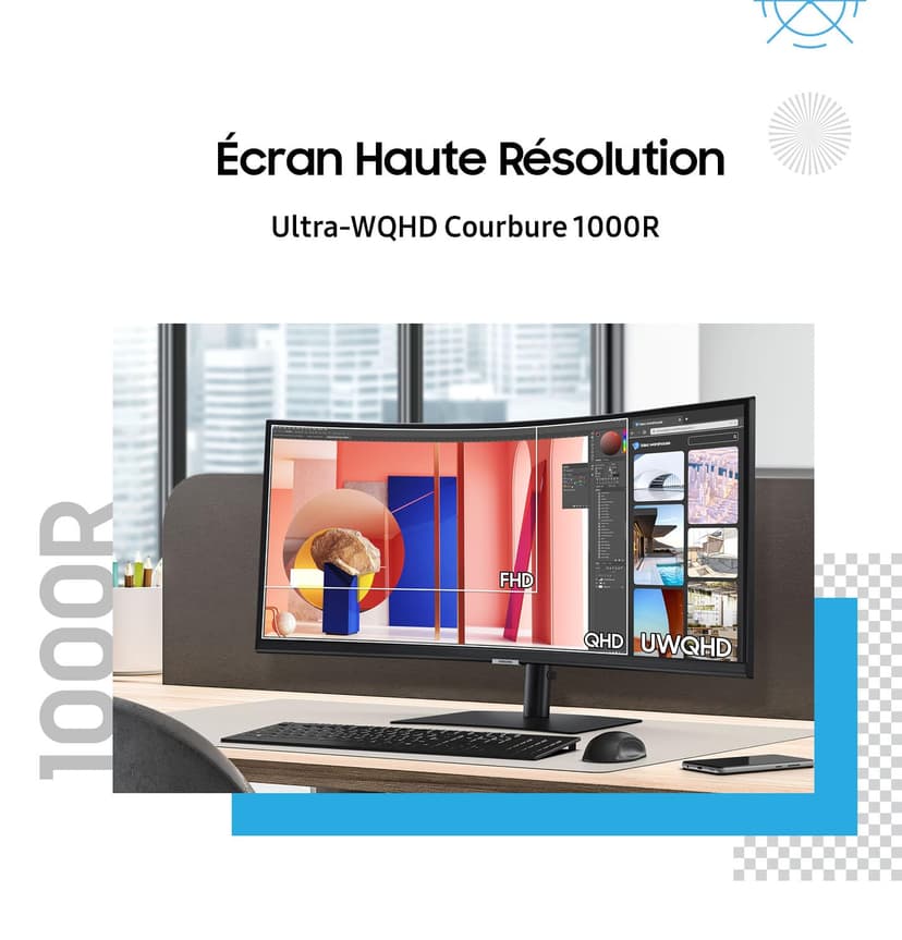 Samsung Ecran PC ViewFinity S65VC, 34" 100Hz - Dalle VA Incurvée 1000R, Résolution WQHD : 3440 x 1440 , 5ms, 3000:1, Adaptative Picture, Auto Source Switch+, KVM Switch,Pied Ajustable, Display port - 6