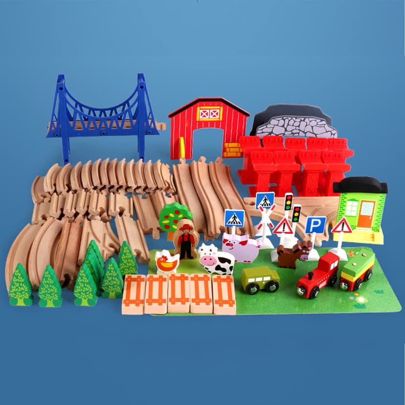 Jacootoys 80PCS Wooden Train Tracks Set Magnetic Trains Educational Construction Toy Wooden Car Tracks Vehicles for Kids 3+ Years Old Girls Boys - 6