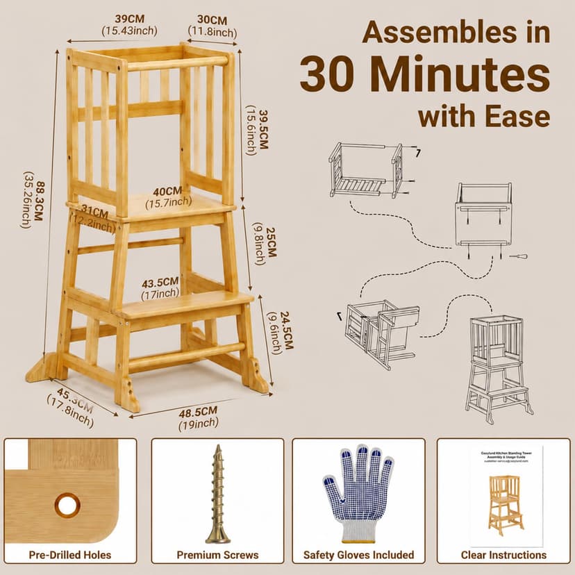 COSYLAND Montessori Learning Tower for Children from 1 Year - Safe Children's Learning Tower from 2 Years - Sturdy Toddler Tower, Natural Colour - 2