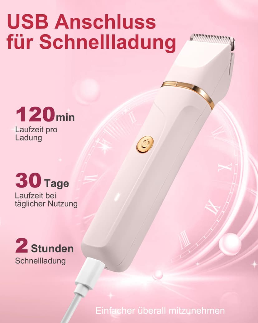 Rasierer Damen,3-In-1 Intimrasierer für Frauen,Gesichtshaarentferner für Frauen,Damenrasierer Elektrisch für Beine, Arme, Achseln und Bikinizone,Wiederaufladbarer Ipx7 Wasserdicht Trimmer Damen, Rosa - 5