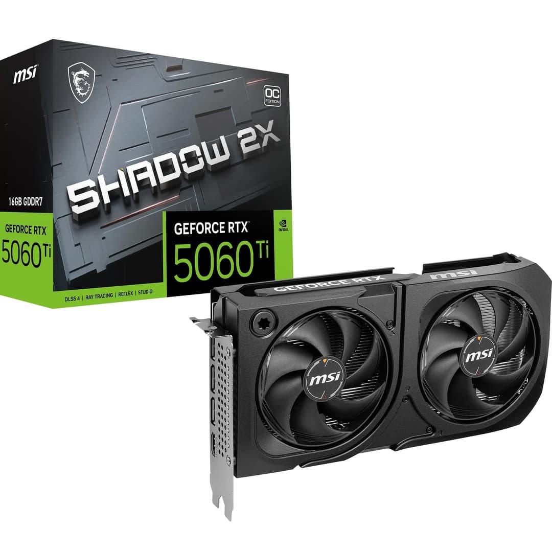 MSI NVIDIA GeForce RTX 5060 Ti 16G Shadow 2X OC Plus Carte Graphique - 16 Go GDDR7 (28 GB/s /192 Bits), PCIe 5.0 - Double Ventilateur (2X Ventilateurs STORMFORCE), HDMI 2.1b, DisplayPort 2.1b