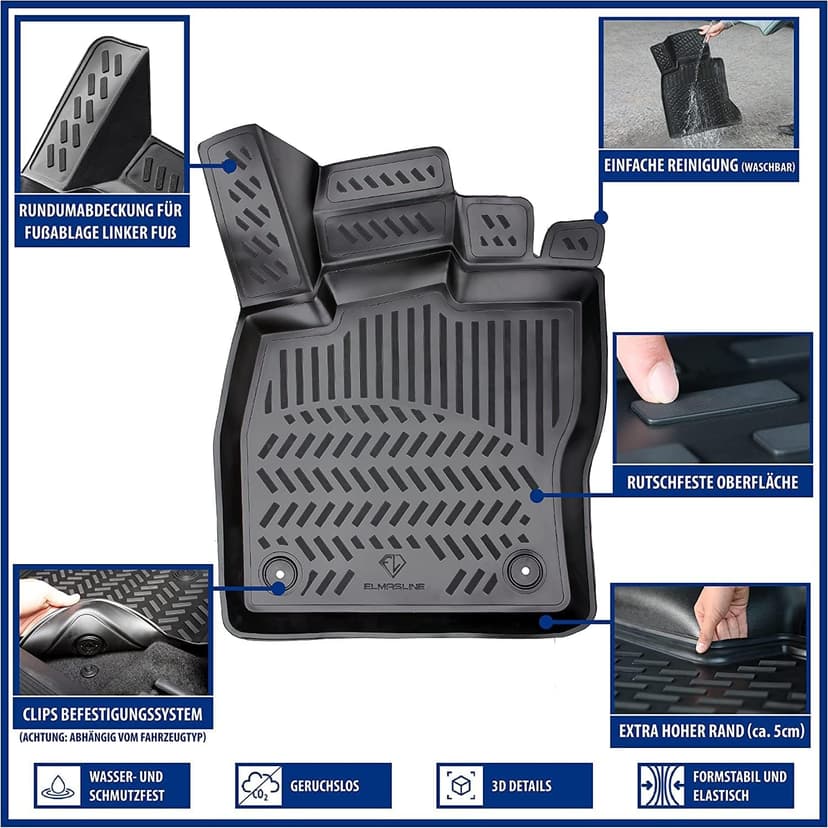 ELMASLINE Tapis en caoutchouc 3D pour Ford Ranger 2 (2022-2025) | Accessoires de tapis de sol | Bord extra haut de 5 cm | 2ème rangée ne convient pas à la cabine supplémentaire !! - 3