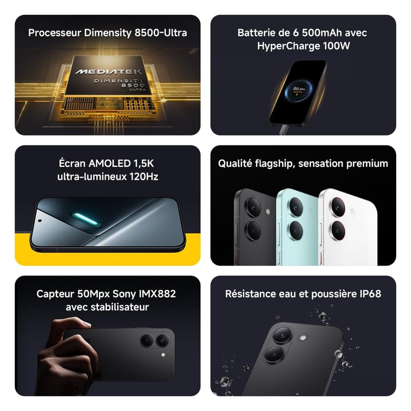 POCO X8 Pro, Smartphone 8+256 GB, Flagship Dimensity 8500-Ultra, 6500mAh (typ) battery, ultra-bright AMOLED display, 50MP Sony IMX882 with OIS, Black, 1 year extra warranty, Charger Not Included - 3