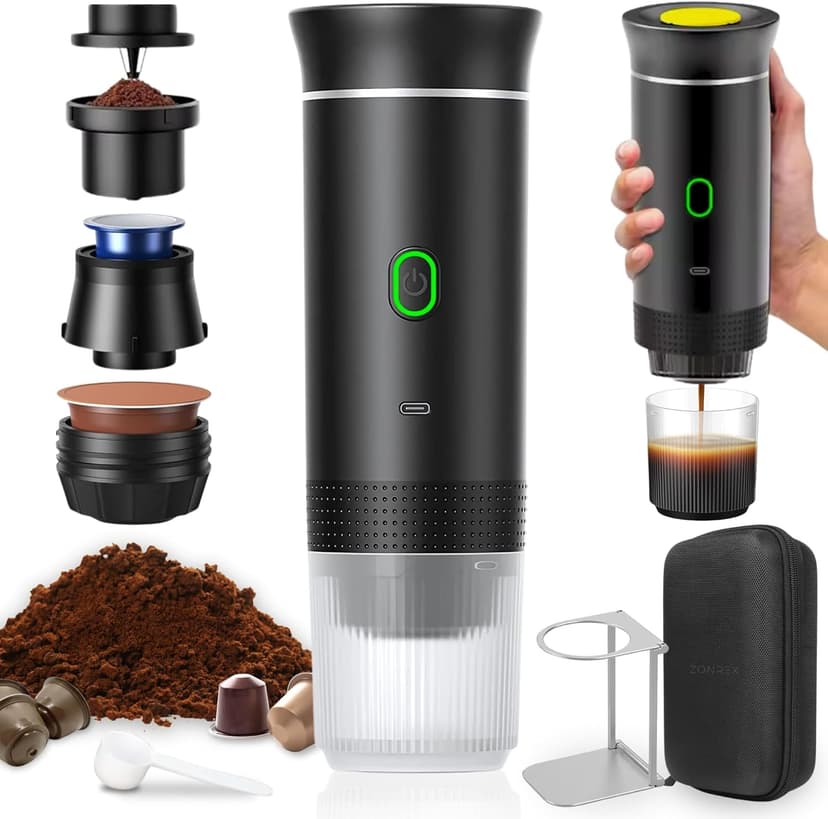 ZONREX Cafetière portable 3 en 1 | Mini cafetière de voyage Espresso | Cafetière camping 12 V | Compatible avec capsules Nespresso, Dolce Gusto et café moulu - 1