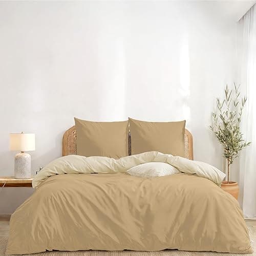 Twinzen Housse De Couette 200x200 cm Réversible, avec 2 Taie Oreiller 65x65 cm, Beige/Sable - Parure de Lit 200x200 en Microfibre - Oeko-Tex