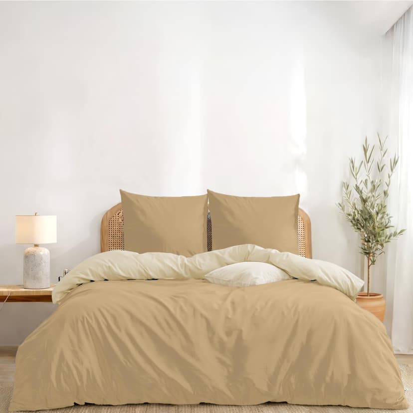Twinzen Housse De Couette 200x200 cm Réversible, avec 2 Taie Oreiller 65x65 cm, Beige/Sable - Parure de Lit 200x200 en Microfibre - Oeko-Tex - 1