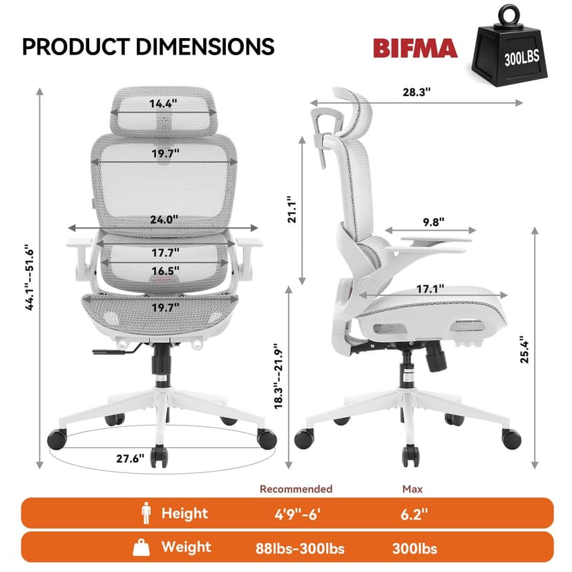 SIHOO B100 Ergonomic Office Chair, Comfy Desk Chair with Adaptive Dynamic Lumbar Support, Computer Chair with Extra Wide Headrest, Flip-Up Armrests, 90-135° Tilt Lock and Breathable Mesh Cushion - 9