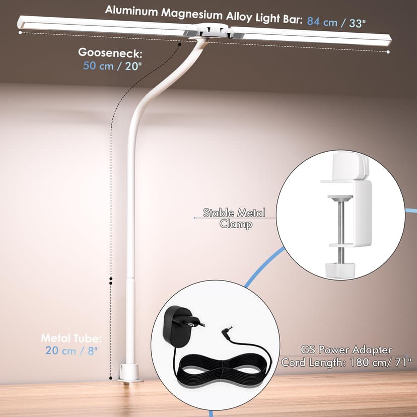 EYOCEAN 24W 80cm Dual Head Clip On Desk Lamp Daylight Desk Lamp with Remote Control, 5 Color Temperatures and Adjustable Brightness, Eye Protection, White - 7