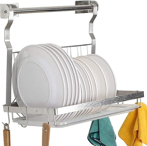 TQVAI Stainless Steel Dish Drying Rack with Drainboard Hanging Rod and Sponge Holder, Hanging Dish Drainer, Over The Sink Dish Rack - Silver