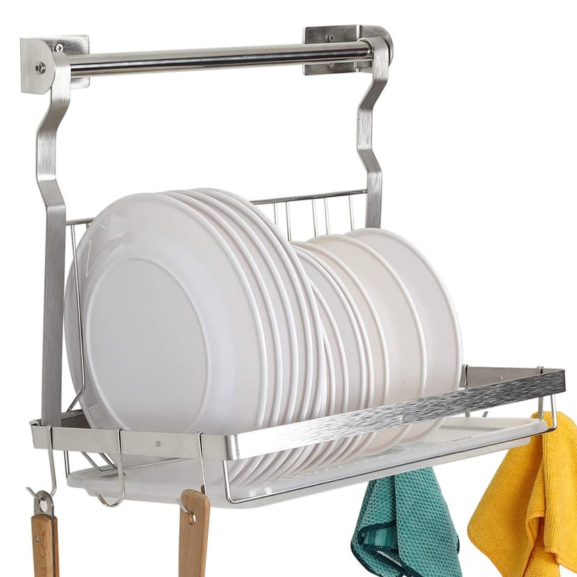TQVAI Stainless Steel Dish Drying Rack with Drainboard Hanging Rod and Sponge Holder, Hanging Dish Drainer, Over The Sink Dish Rack - Silver - 1