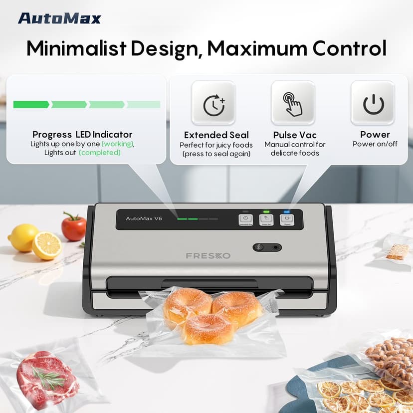 FRESKO Automatic Vacuum Sealer Machine, 140 Watt Food Vacuum Sealer with Double Heat Seal, Built-in Cutter & Bag Storage, Includes 10 pcs Pre-cut Bags and 1 Roll Bag(V6) - 3