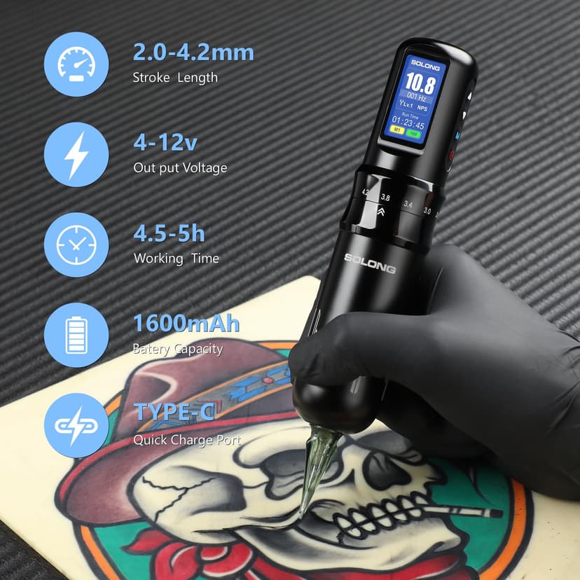 Solong Tattoo Kit 7 Stroke Speeds Professional Tattoo Machine Wireless with 1600mAh Power LED Display Rotary Tattoo Pen with 20pcs Tattoo Cartridges Needles and 7 Multicolor Ink SL-TKE200AUK-1 - 7