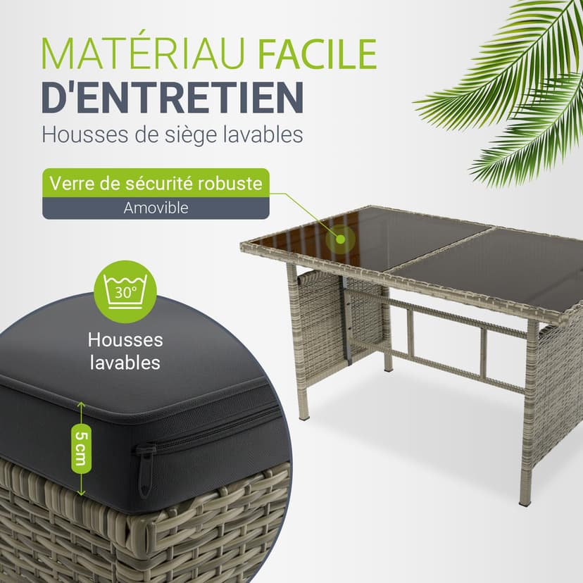Juskys Salon de Jardin Lounge Manacor en polyrotin Gris moucheté - avec canapé, Table, 2 tabourets et Coussins - Ensemble de Meubles de Jardin jusqu'à 7 Personnes - Housses Grise - 4