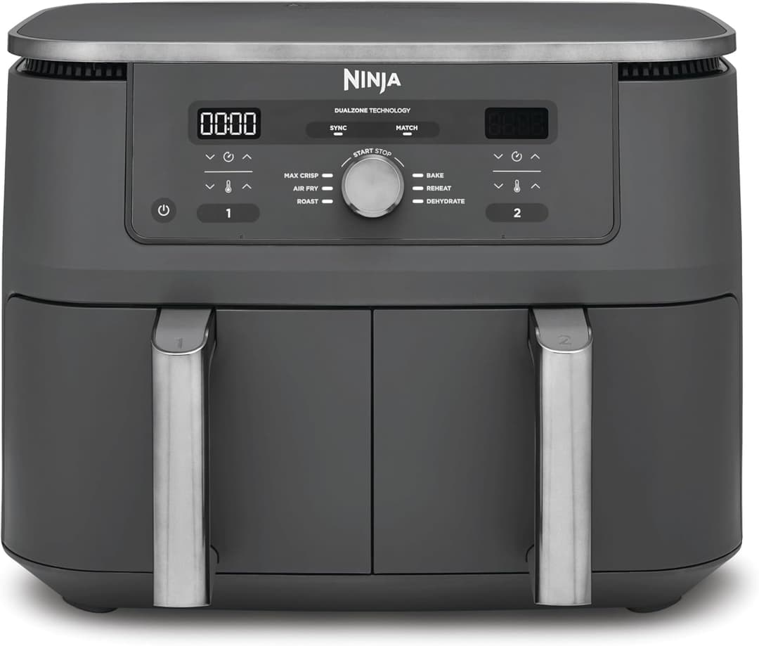 Ninja MAX Dual Zone Digital Air Fryer, 2 Drawers, 9.5L, 6-in-1, No Oil, Air Frying, Max Crisp, Frying, Baking, Warming, Drying, Non-stick, Baskets for Dishwasher, Gunmetal Grey DZ400EU