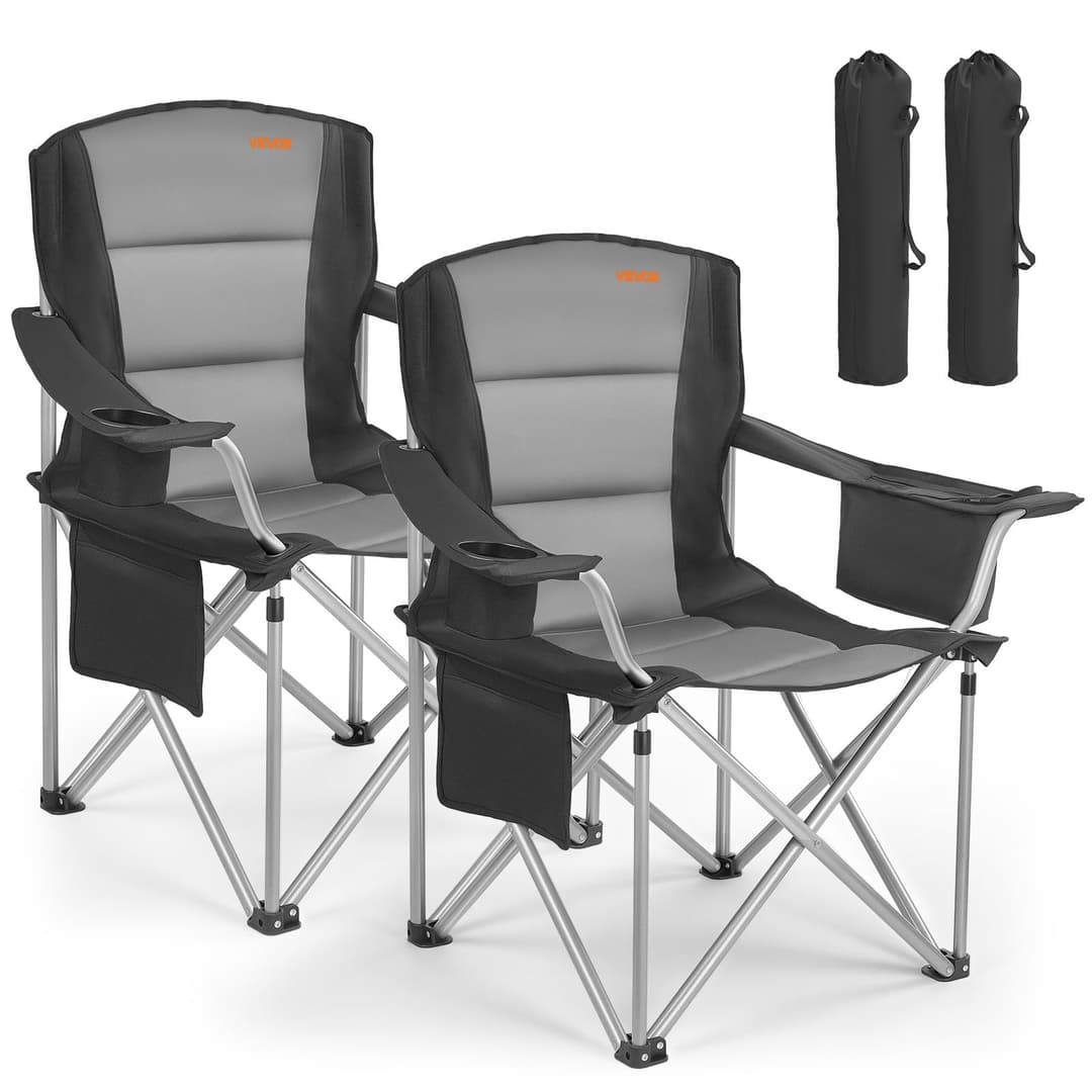 VEVOR 2 Pack Oversized Folding Camping Chairs, Padded Quad-Lumbar Backrest with Side Pockets, Cup Holder and Cooler Bag for Beach, Lawn, Picnic, Patio