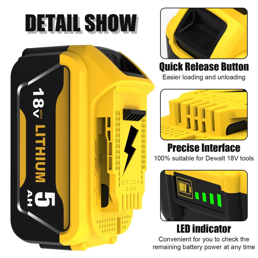2Pcs Remplacement pour DeWalt Batterie 18V 5.0Ah DCB182 DCB180 DCB184 DCB200 DCB182 DCB181 DCB201 Outil Batterie Goodexo(Jaune Vert) - 3