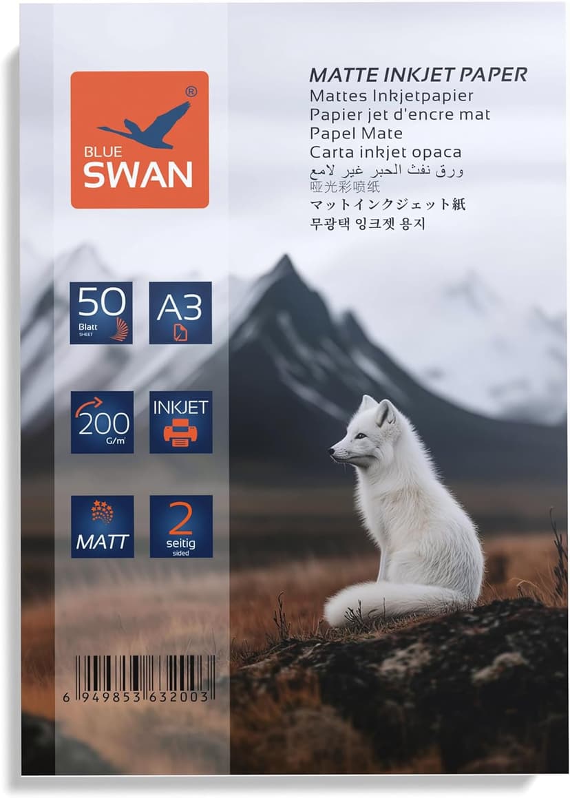 BLUE SWAN A3 Matte Photo Paper 200gsm, 50 Sheets – Double-Sided Matte Coating Inkjet Paper with Low Reflection, Quick-Dry, High Colour Brightness – Compatible with Canon HP Epson Brother Printers - 1