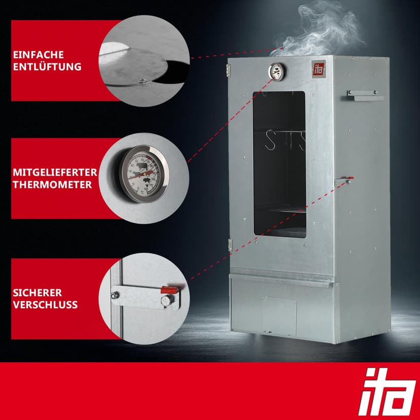 ITA Smoker Oven 7000 - Smoker Set with Table - Smoker Cabinet with Window and Thermometer - Alloy Steel - EU Quality - Direct from Manufacturer - 81 cm with 3 Levels - 4