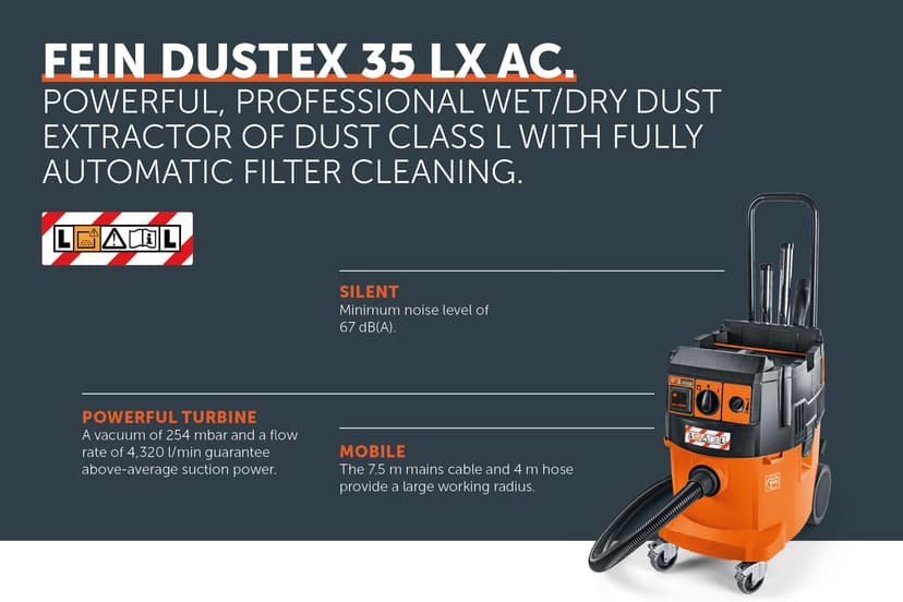 FEIN Dustex 35 LX AC Powerful Wet/Dry Vacuum Cleaner Dust Class L with Fully Automatic Filter Cleaning for Attaching Various Case Systems Including Extensive Accessories - 4