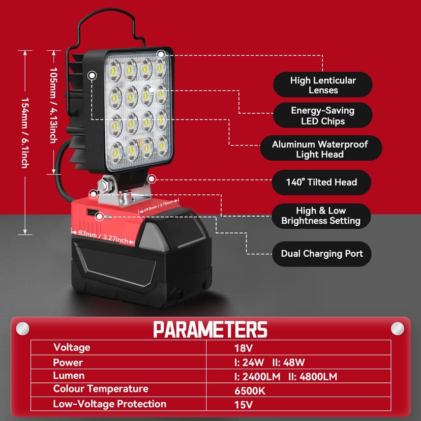 LED Work Light for Milwaukee M18 Battery: Cordless Tools Light - 18V Flashlight - 48W Battery Lights with USB Charger (No Battery) - 5