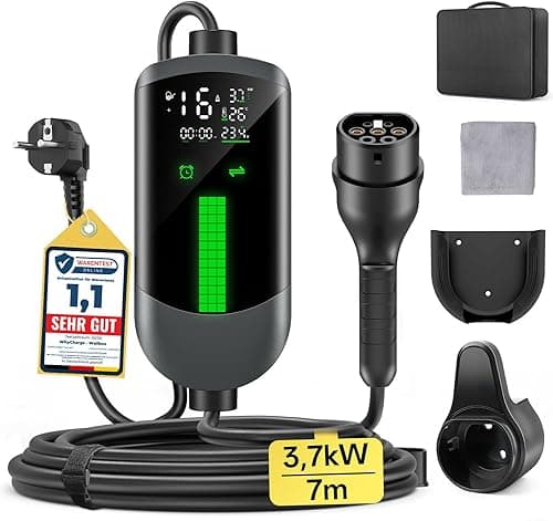WityCharge Electric Car Charger 3.7 kW – 7 M/6-16 A Electric Car Charging Cable with Wall Mount Bag, Delayed Charger, Digital LCD, IP65, Compatible with EVs(IEC 62196-2) & PHEVS