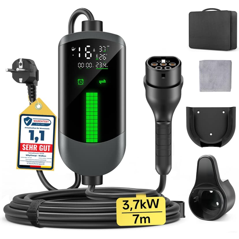 WityCharge Electric Car Charger 3.7 kW – 7 M/6-16 A Electric Car Charging Cable with Wall Mount Bag, Delayed Charger, Digital LCD, IP65, Compatible with EVs(IEC 62196-2) & PHEVS - 1