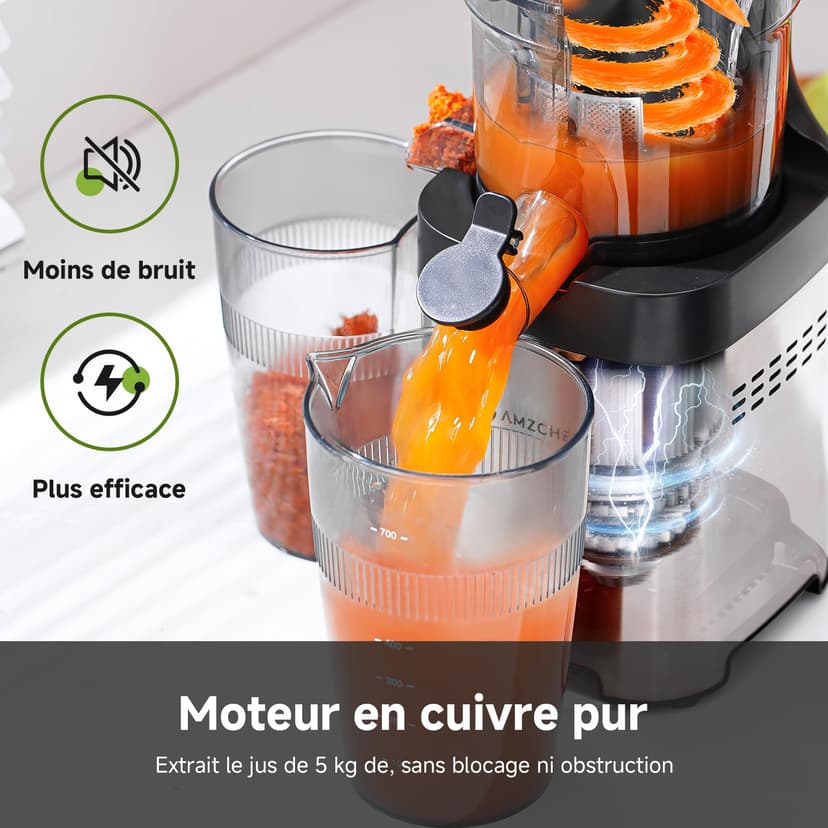 AMZCHEF Slow Juicer – 120 mm wide opening, stainless steel, quiet, easy to clean by hand, cold pressed juicer for fruits and vegetables - 4