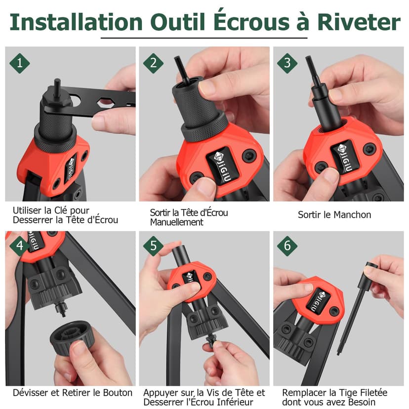 JiGiU 2 in 1 Rivet Nut Tool and Rivet Gun, Professional Hand Rivnut Gun Rivet Nut Gun Tool Heavy Duty Rivnut Tool Kit with M3 M4 M5 M6 M8 M10 M12 & 3.2/4.0/4.8/6.0/6.4 Rivet Heads,110 Nuts & 50 Rivets - 3