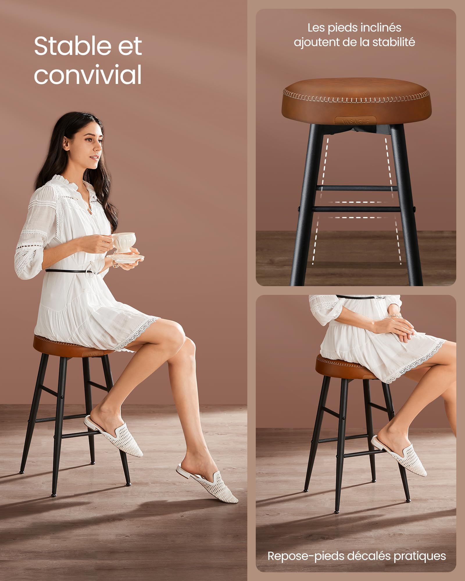 VASAGLE EKHO Collection - Tabouret de Bar, Lot de 2, Chaise de Cuisine, Haut, en PU avec Coutures, Style Moderne Mi-siècle, Hauteur Assise 63 cm, Cuisine, Bar, Montage Facile, Marron Caramel LBC080K01 - 9