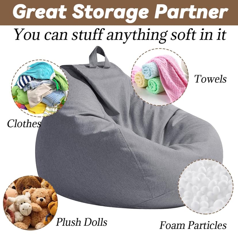 Highdi Large Bean Bag Without Fillings - Cotton Linen Durable & Comfortable, Grey Storage Bean Bag Chair for Living Room/Bedroom/Gaming Room, Perfect for Adults & Teens, Childrens - 6