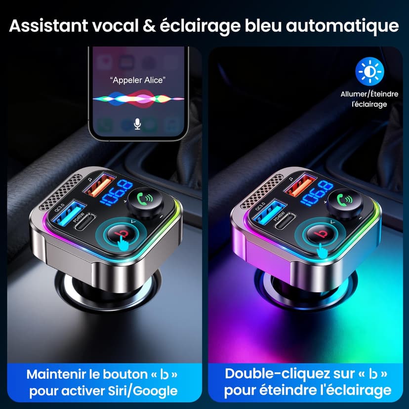GizmoVine Bluetooth 5.4 FM Transmitter Car Adapter 63W (PD 45W & 18W) [Light Switch] [HiFi Bass Sound] [Fast Charging] Wireless Radio Music Adapter LED Display Zinc Alloy Hands-Free Calling Support - 6