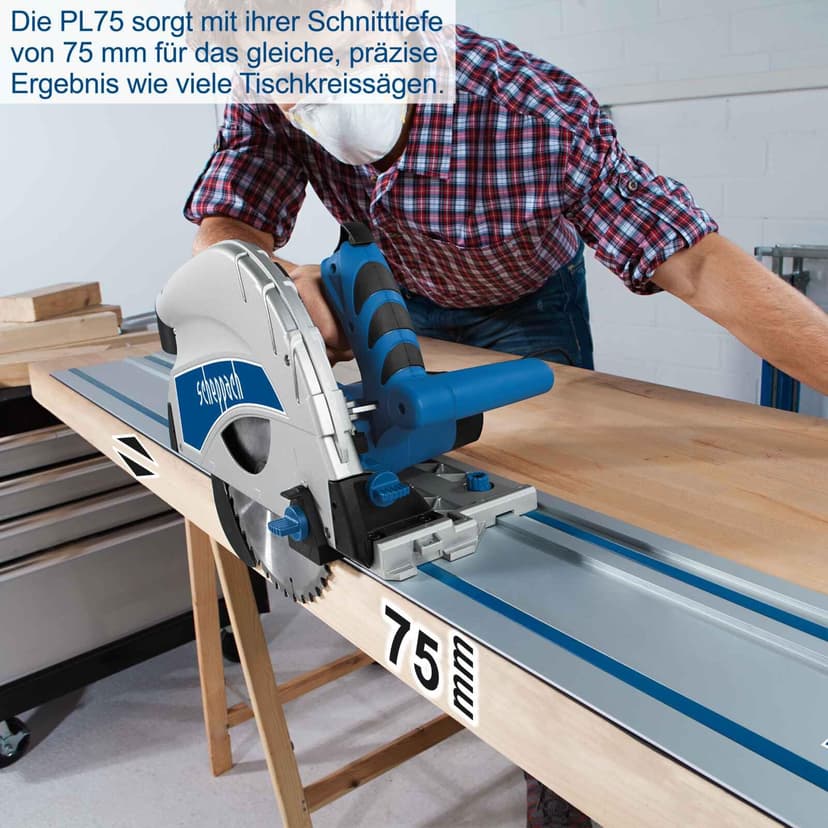 Scheppach Scie plongeante PL75 | Rail de guidage de 1400mm | Puissance 1600W | Profondeur de coupe 75mm | Lame de 160mm 36D | Inclinable avec protection contre le basculement jusqu'à 45° - 9