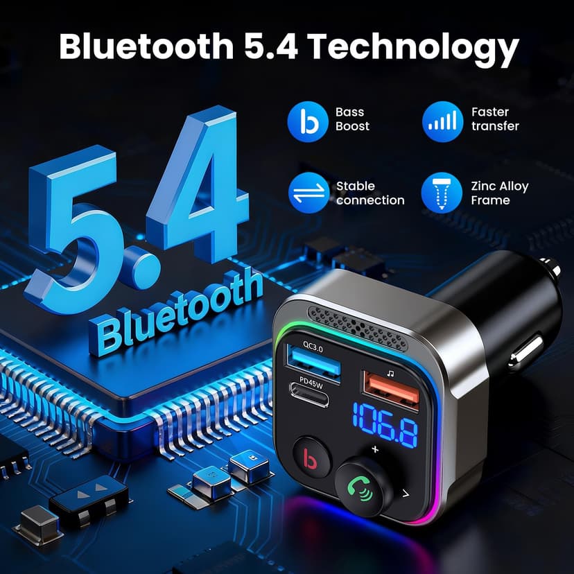 GizmoVine Bluetooth 5.4 FM Transmitter Car Adapter 63W (PD 45W & 18W) [Light Switch] [HiFi Bass Sound] [Fast Charging] Wireless Radio Music Adapter LED Display Zinc Alloy Hands-Free Calling Support - 4