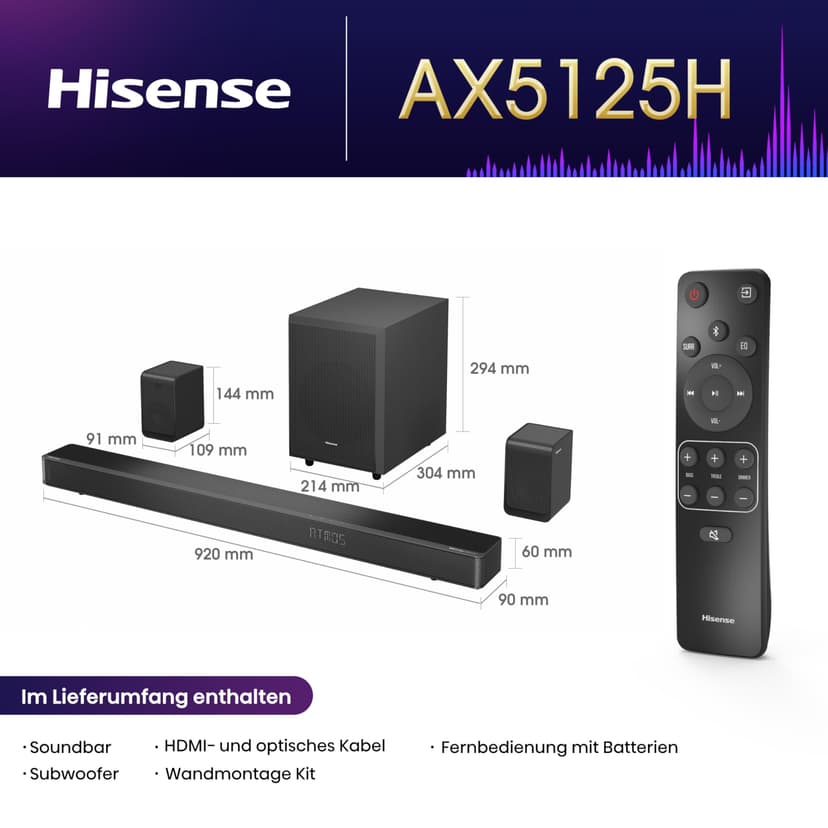 Hisense AX5125H 5.1.2 Channel 500W Dolby Atmos Soundbar with Wireless Subwoofer& Up Firing Speakers& Turly Wireless Rear Speakers - 3