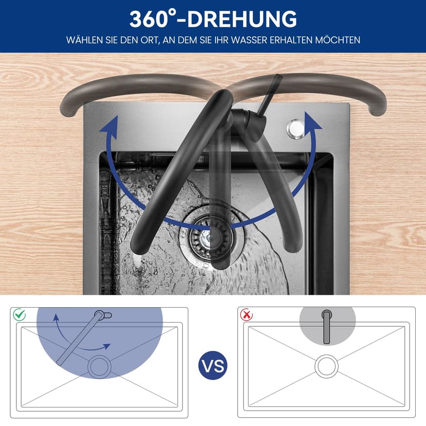 CECIPA Faucet kitchen black 360° rotatable, high pressure kitchen faucet black, mixer tap kitchen with high arc, single lever tap, sink fitting stainless steel, G3/8 connection fixture - 5