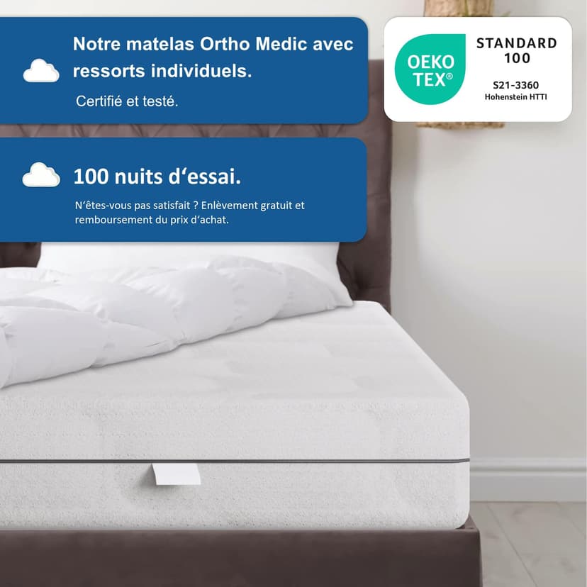 BMM Matelas Ortho Medic 140x200 cm avec Noyau à Ressorts ensachés Niveau de fermeté H2/certifié Öko-Tex/Matelas Ergonomique à 7 Zones Hauteur 21 cm/Matelas de Conception Allemande - 7