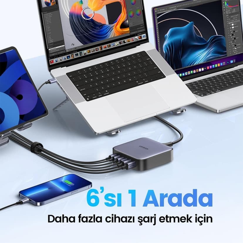 UGREEN Nexode 200 W 6 porte caricatore USB C veloce desktop GaN II compatibile con 100 W 65 W iPhone 16 Plus Pro Max 15 14 13 12 MacBook Pro Air M3 M2 M1 Galaxy S24 Ultra Plus 2M cavo di alimentazione - 2