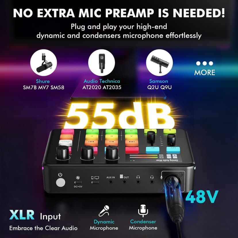 G1 Neo Audio Mixer, Gaming Audio Mixer, RGB Sound Card for XLR Microphone, Streaming Audio Interface, 48V Phantom Power, Custom Sound Effects - 6