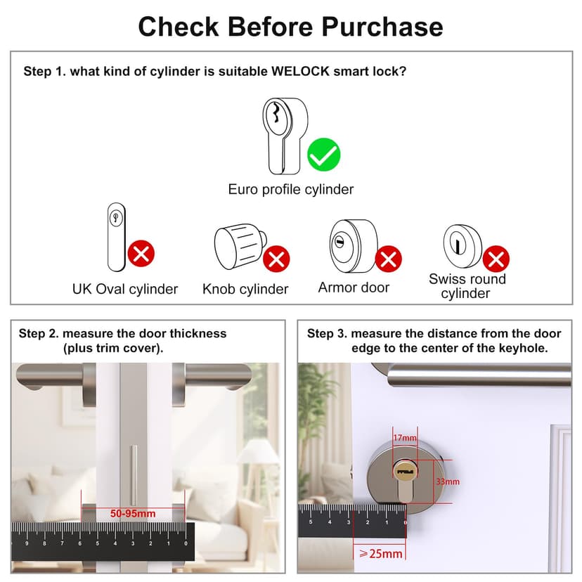 WELOCK U81 Smart Lock,Serrure Connectée,Serrure Empreinte Digitale avec Mot de Passe,RFID Carte,APP,serrure à code WiFi(Besoin wifibox),Cylindre Connecté 30/30 pour porte de 50-90mm,Facile à installer - 9