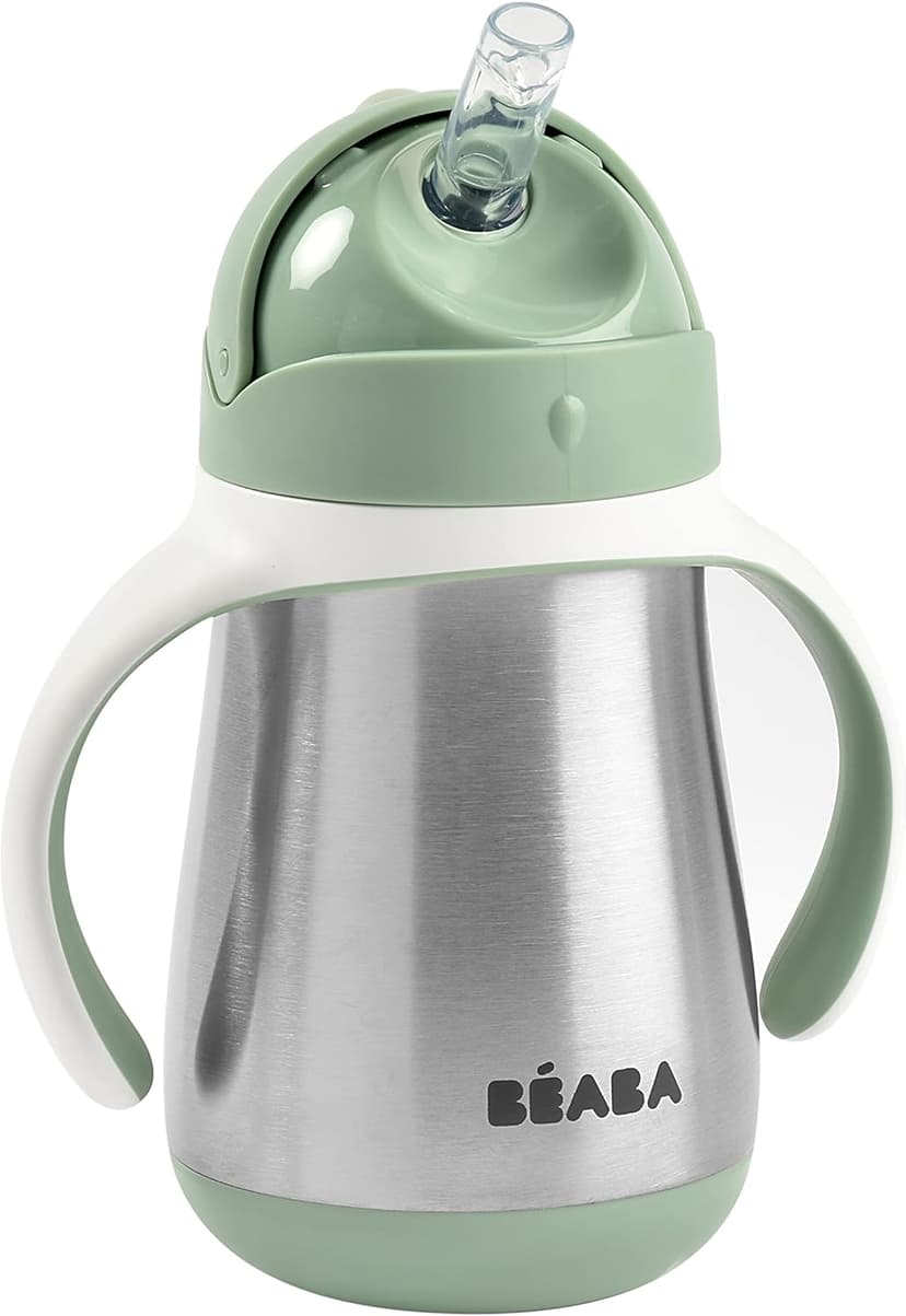 Béaba - Learning Cup - 2 in 1 Baby Bottle - Children's Cup with Straw - 100% Leak-Proof - Easy to Open - Removable Handles Tritan and Silicone - 250 ml - Sage Green - 1