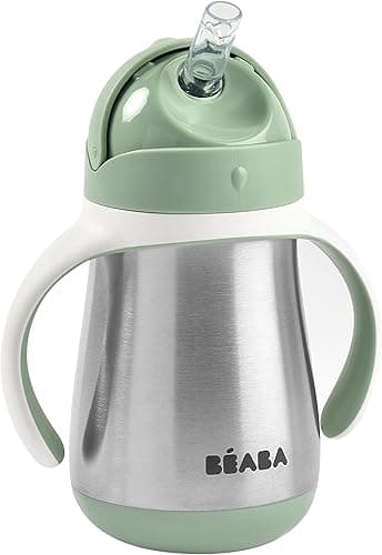 Béaba - Learning Cup - 2 in 1 Baby Bottle - Children's Cup with Straw - 100% Leak-Proof - Easy to Open - Removable Handles Tritan and Silicone - 250 ml - Sage Green