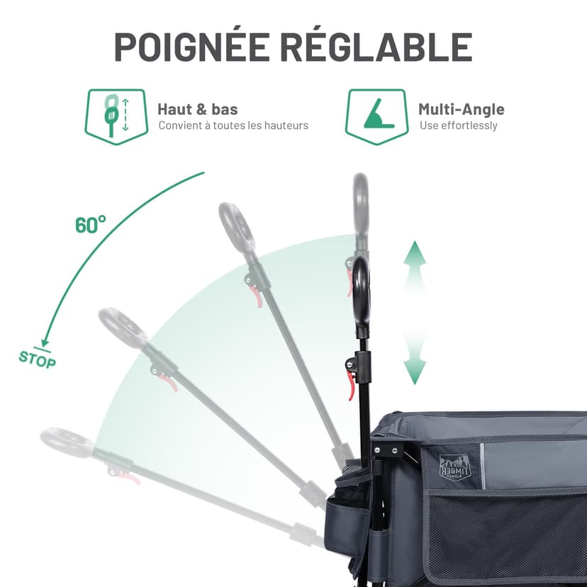 TIMBER RIDGE XXL Chariot de Transport Pliable avec Frein Chariot Plage à roulettes Tout Terrain Roues Amovibles Poignée Réglable Poche Latérale pour Jardin Plage Camping Pique-Nique BBQ Match - 5