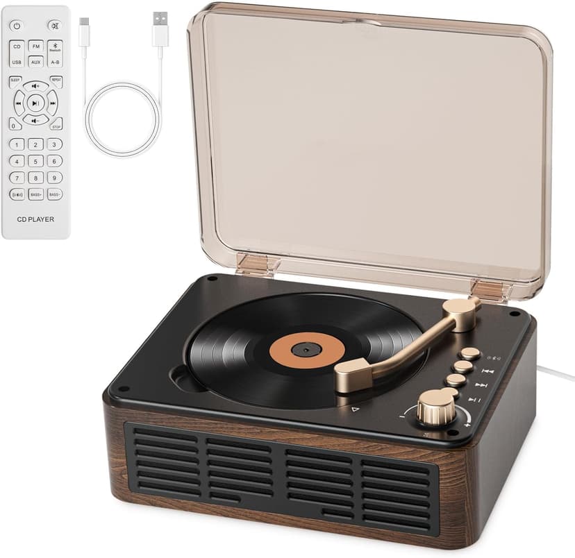 Gueray CD Player with Speakers HiFi Stereo Sound Vintage CD Player Bluetooth for Home, Retro Wood CD Players FM Radio with Remote Control, Support USB/AUX/Type-C Playback for Audio Books - 1