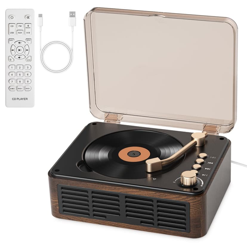 Gueray CD Player with Speakers HiFi Stereo Sound Vintage CD Player Bluetooth for Home, Retro Wood CD Players FM Radio with Remote Control, Support USB/AUX/Type-C Playback for Audio Books - 1