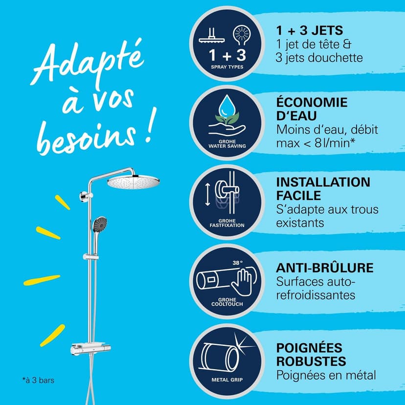 GROHE Vitalio Joy 310 - Cool Touch Thermostatic Mixer Shower Set (Water Saving Technology, Rain, Soap Tray, 110 mm 3 Spray Hand, Silicone Nozzles, Hose 1.75 m), Chrome, 26401001 - 4