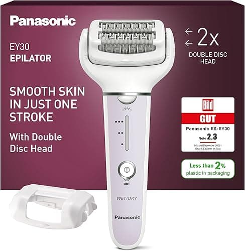 Panasonic ES-EY30-V503 Wet and Dry Epilator, Double Disc with 60 Tweezers, Flexible Head 90° Swivoting, 3 Speed Settings and LED Light, 30 Minutes Operation, Cordless