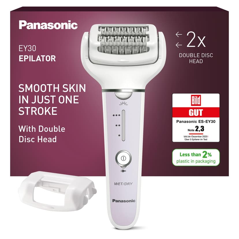 Panasonic ES-EY30-V503 Wet and Dry Epilator, Double Disc with 60 Tweezers, Flexible Head 90° Swivoting, 3 Speed Settings and LED Light, 30 Minutes Operation, Cordless - 1