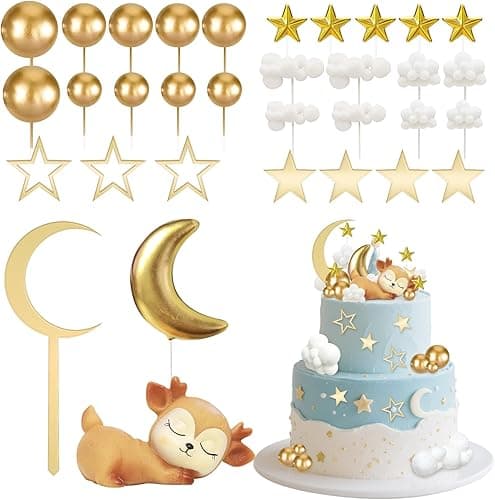 33 Pièces Deco Gateau Bebe Decoration,Cake Topper Lune Étoiles Nuages avec Faon, Décoration de Gâteau pour Bébé, Décoration Gateau Anniversaire Garçon Fille, Décorations de Fête Prénatale