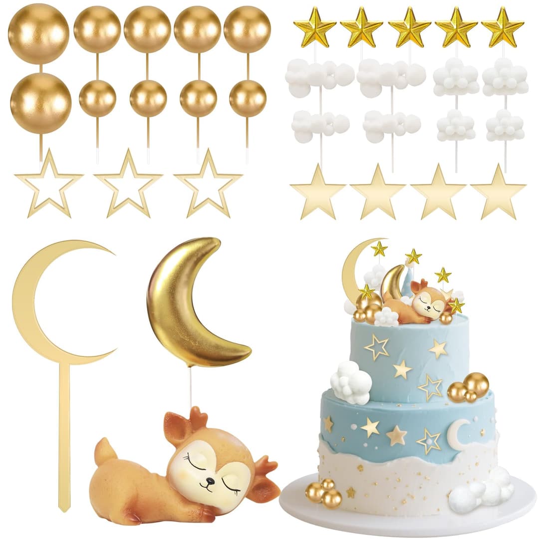 Cake Decorations, Deer, Clouds, Moon, Baby Cake Decoration with Moon, Star, Clouds & Fawn Cake Topper, Cake Decoration, Birthday Baby Shower Cake Decoration